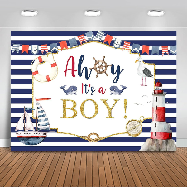 Nautisk baggrund Hvid Blå Striber Marine Sea Lighthouse Skib Baby Shower Fest Dekorationer Navy Blå Stribet Fotografi Baggrund (7x5ft)