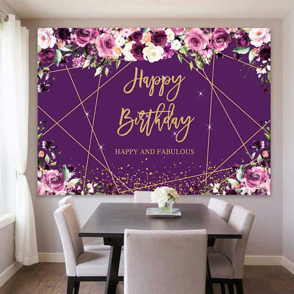Violetti Kukkainen Kultainen Hyvää Syntymäpäivää Tausta Glitter Sparkle Geometrinen Linja Kultainen Pisteet Tausta Bday Juhlatarvikkeet Banneri 7x5ft