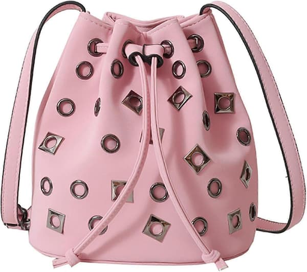 Hinkväskor för kvinnor, nitad handväska Mini Läder Hobo Väska Y2K Trendig Nitad Crossbody Hinkhandväskor Pink