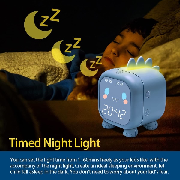 Barnväckarklocka med dinosaurie, digital väckarklocka för barnens sovrum, sömntränare för barn, väckningsljus och nattljus med USB (blå)