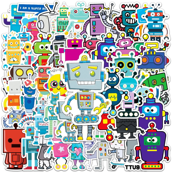 50 st färgglada robotar vinyl PVC vattentät söta roliga tecknade doodle klistermärken, roliga trendiga dekaler för bärbar dator, telefon, skateboard, bagage, vattenflaska
