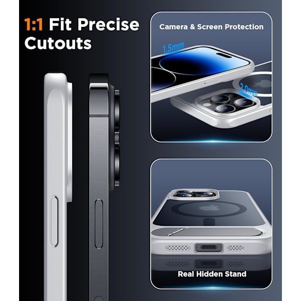 Magneettinen iPhone 16 Pro Max -kotelo, [Sisäänrakennettu näkymätön jalusta][Yhteensopiva MagSafe-tekniikan kanssa] [Sotilastason iskunkestävä] Ohut läpikuultava Silver iPhone 14 Pro Max