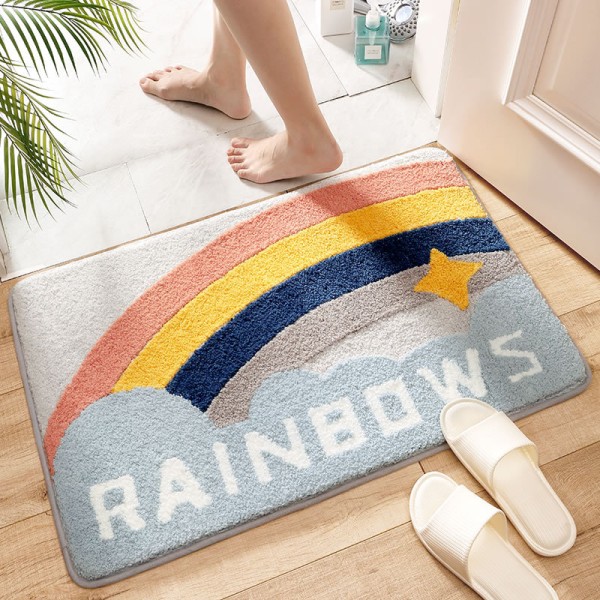 Tecknad badrumsgolvmatta för hushållsbruk, vattenabsorberande halkfri matta vid ingången till badrummet-Star rainbow/16*24 in