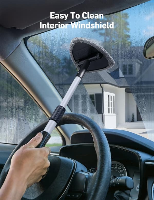 Windshield Cleaning Tool, Car Interior Detailing Cleaning Kit with Extendable Handle and 4 Reusable Microfiber Pads, Gray Grey