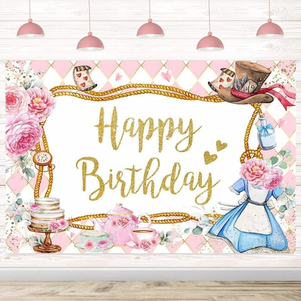 Pink Floral Happy Birthday Backdrop Princess Dress Girls Sweet Birthday Photography Background Birthday Party Decoration Banner