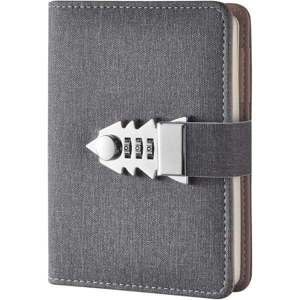 Låsjournal Låsbar dagbok, påfyllningsbar anteckningsbok med kombinationslås, Pocketbook Lösenord Anteckningsblock med pennhållare（Grå）