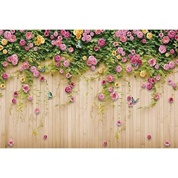 7x5ft Rose Wall Bakgrund för fotografering Porträtt Rosa blommor Gul Trävägg Fotografi Bakgrund Mors dag Alla hjärtans dag Bröllopsinredning