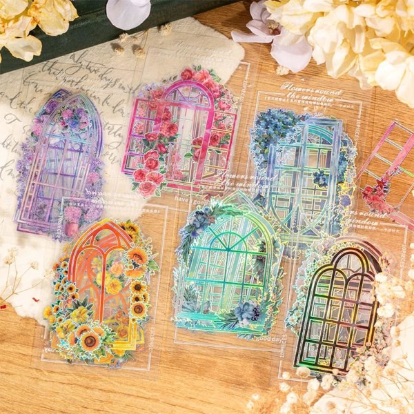 Scrapbog-klistermærker 6 pakker, 10 stk. hver til Junk Bullet vandflasker bærbar computer, PET æstetiske dekorationsklistermærker Journaling-artikler - Floral Window-serie
