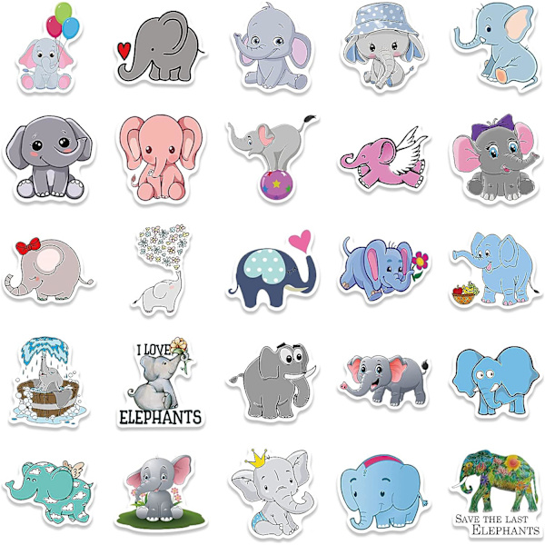 Søte elefantklistremerker for vannflasker Laptop HydroFlasks, 50PCS estetiske dyremerker Dekorasjon for Scrapbook Computer Phone Skateboard