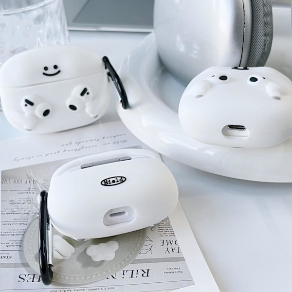 Kompatibel med AirPods-fodral i mjuk silikon med söt 3D-rolig tecknad design stöttålig nyckelringsskydd för flickor Kvinna Airpods 2 & 1-Vit