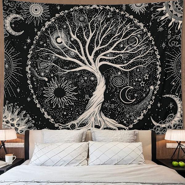Livets Træ Gobelin Trippy Mandala Væg Gobelin Sol og Måne Gobeliner Sort Galakse Stjerner Gobelin Boheme Æstetisk(L/148X200cm(, Sort)
