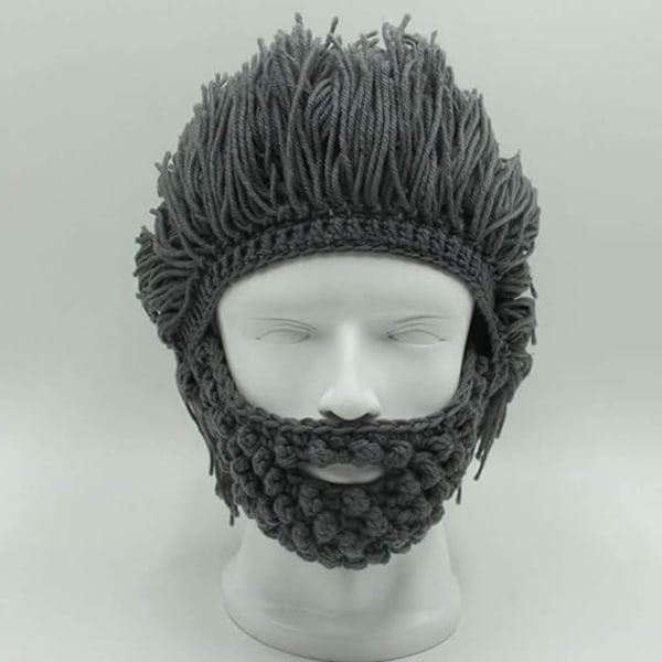 Viking Beard Beanie Horn Hat Winter Warm Mask Knitted Wool Funny Skull Cap