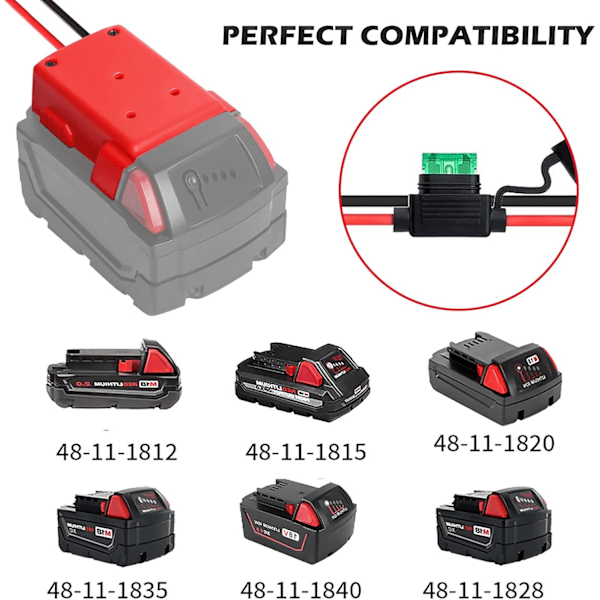 2 kappaletta teholaitteen adapteria Milwaukee 18 V akulle, akkuadapteri, Dock Power Connector 14 AWG sulakkeella ja kytkimellä