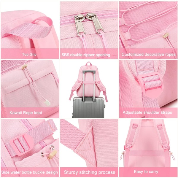 Rejse Laptop Rygsække med Piger Weekend Fritidsdag Ferie Rygsæk Unisex 15.6inch Skole Sød Letvægts Højkapacitet Gave Bookbag (Pink)