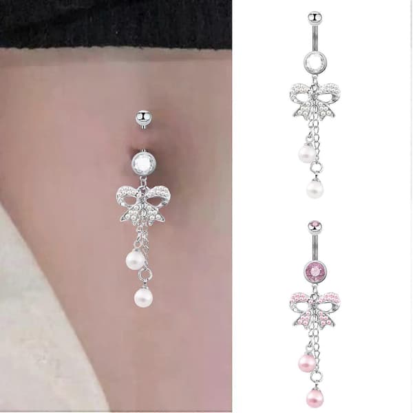 Krystal Barbell Sommerfugl Sløjfe Perle Dingle Navle Mave Piercing Smykker Dingle Navlering Rhinestone Kropssmykker