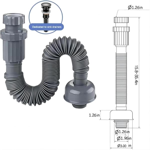 Stuprörskit, Stuprör, Flexibelt dräneringsrör, Passar 1 1/4 tums diameter dränering, Hållbart och återanvändbart A