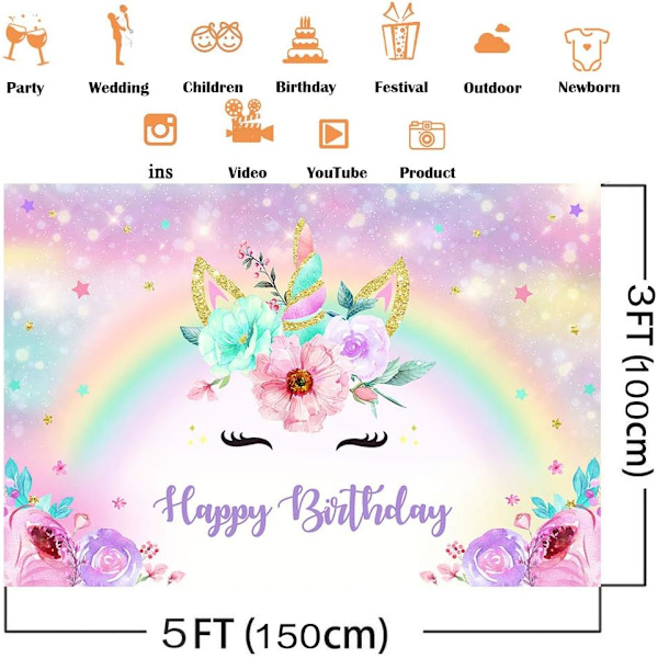Yksisarvinen syntymäpäivätausta 5x10ft kulta glitter sateenkaari yksisarvinen syntymäpäivä valokuva tausta syntymäpäivä bokeh kukka juhla koristeet valokuvauskoppi lahjat