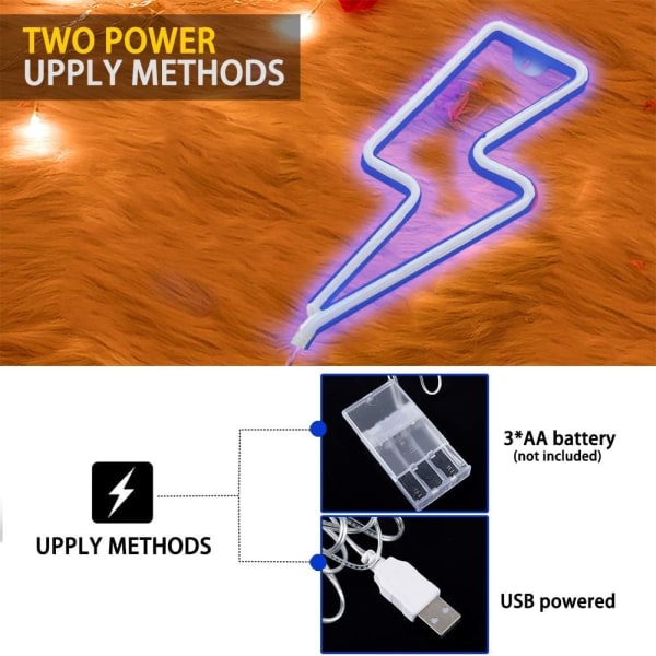 Neonlys for veggdekor, USB eller batteridrevet blå LED lynbolt neonskilt for soverom, barnerom, stue, bar, fest - blå