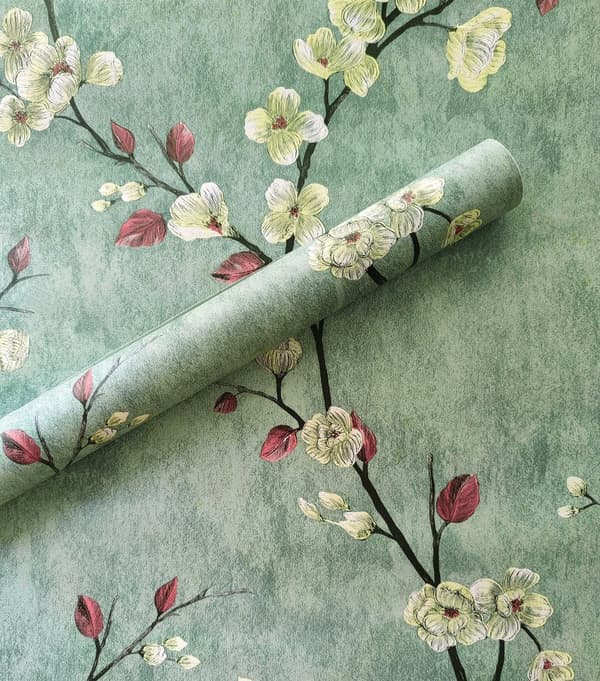 Self-adhesive wallpaper, green floral and tree pattern, 17.7 inches x 393.7 inches