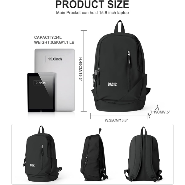 Svart Ryggsäck För Gymnasieelever, Vattentät Mellanstadieväska För Tonårsflickor Pojkar, Casual Daypack Bookbag Lätt College Ryggsäck