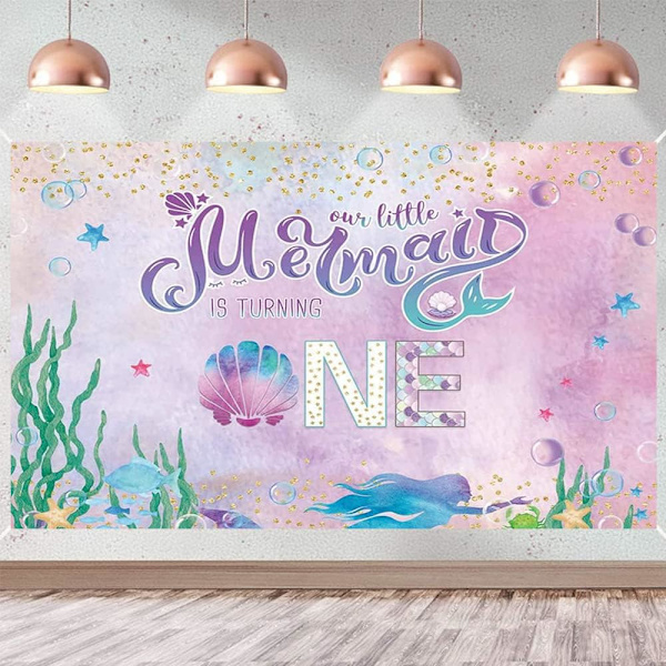 Under The Sea Mermaid 1:a födelsedagsbakgrund Vår lilla sjöjungfru fyller ett år Födelsedagsfestbakgrund Banner Födelsedagsfestdekorationer