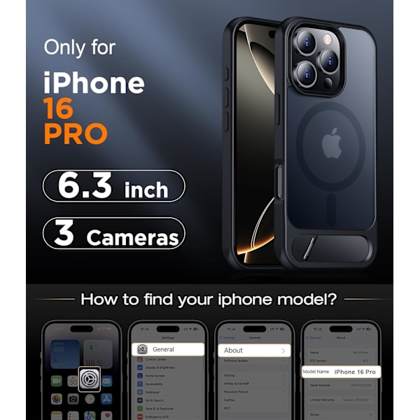 Magneettinen iPhone 16 Pro Max -kotelo, [Sisäänrakennettu näkymätön jalusta][Yhteensopiva MagSafe-tekniikan kanssa] [Sotilastason iskunkestävä] Ohut läpikuultava Black for iPhone 16 Pro 6.3"