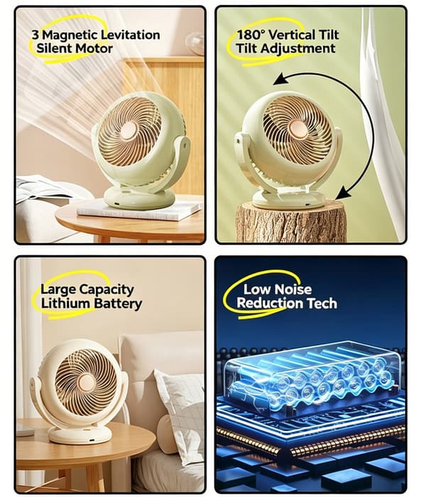 Portable Table and Wall Fan with 1200mAh Battery, 3 Modes, Compact Fan for Home, Office, and Classroom Khaki