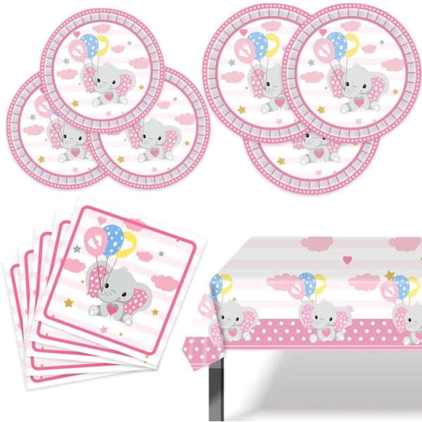 Cute Pink Elephant Supplies Elephant Themed Baby Shower Tableware Set Including Paper Plates,Napkins and Tablecloth (Pink)