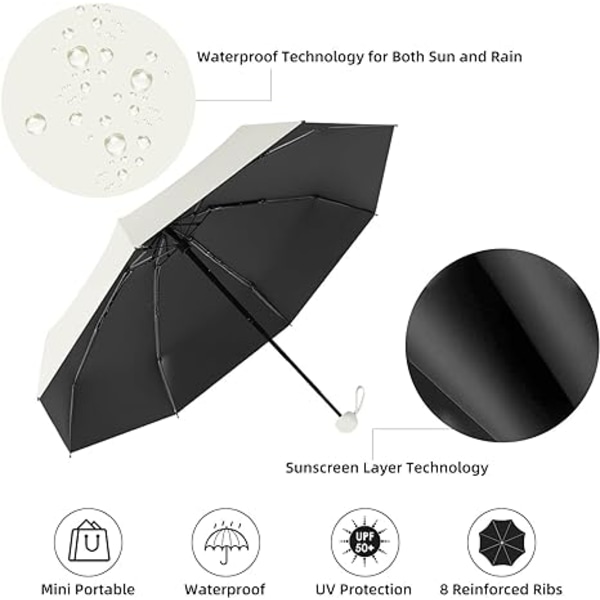 Mini hopfällbart kompakt paraply med fodral, 8 ribbor lätt bärbart paraply, litet sol- och regnfickparaply för flickor och kvinnor - krämvit