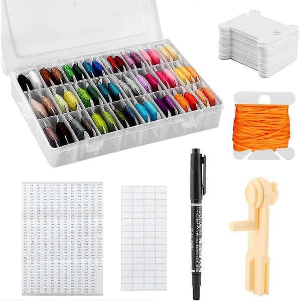 Embroidery Floss Organizer - Thread Storage Box with 24 Removable Compartments, 40 Hard Plastic Bobbins, and Stickers