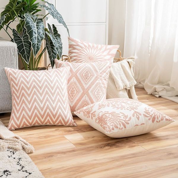 Set med 2 broderade dekorativa kuddar, innerkuddar och överdrag, prydnadskuddar med innerkuddar inkluderade 18x18 (rosa)
