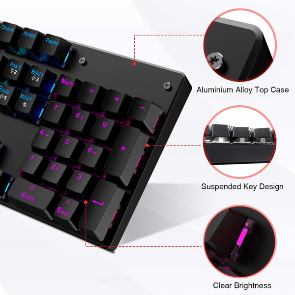 RGB LED-bakgrundsbelyst trådbunden mekanisk speltangentbord, 104 mekaniskt speltangentbord-104-tangenters blandad ljusversion svart (svart skaft)