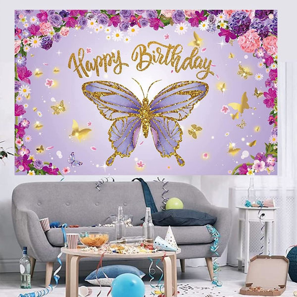 Fjärilsfödelsedagsbackdrop Partydekorationer Lila Blommig Fjäril Temat Födelsedagsbana Fjärilsfödelsedagsdekorationer för Flickor Baby Shower