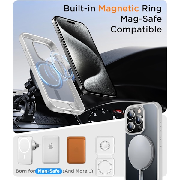 Magneettinen iPhone 16 Pro Max -kotelo, [Sisäänrakennettu näkymätön jalusta][Yhteensopiva MagSafe-tekniikan kanssa] [Sotilastason iskunkestävä] Ohut läpikuultava Silver iPhone 15 Pro Max