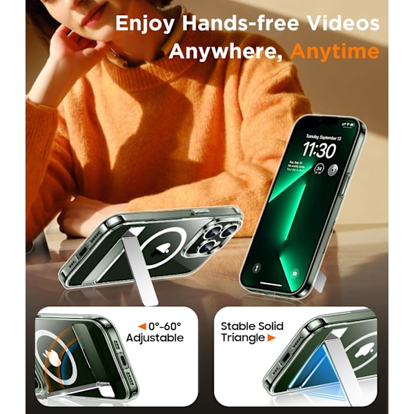 Magneettinen iPhone 16 Pro Max -kotelo, [Sisäänrakennettu näkymätön jalusta][Yhteensopiva MagSafe-tekniikan kanssa] [Sotilastason iskunkestävä] Ohut läpikuultava Clear-Stand iPhone 13 Pro Max