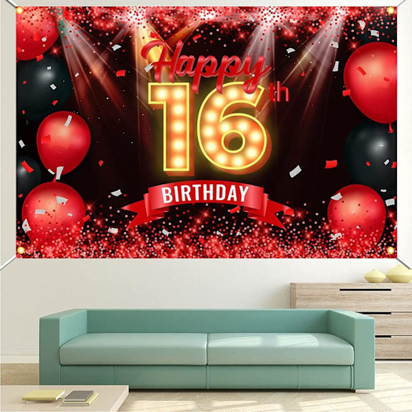 Onnellinen 16. syntymäpäiväkoristeet Musta ja Punainen 16. syntymäpäivätausta Sweet Sixteen Syntymäpäivätausta Juhlatarvikkeet Seinäkoristeisiin