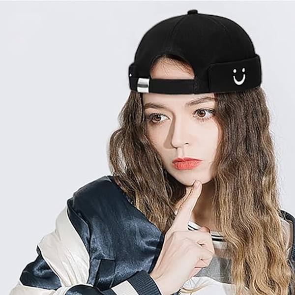 Herre- og damehatt Cap Brimless Hatter Beanie Skull Cap Worker Sailor Cap Rolled Cuff Retro Justerbar（Svart）
