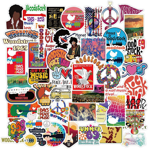 Woodstock Festival Stickers - 50 st tecknade vattentäta dekaler DIY för festtillbehör PVC-dekoration för bärbar dator gitarr present till tonåringar familj vänner