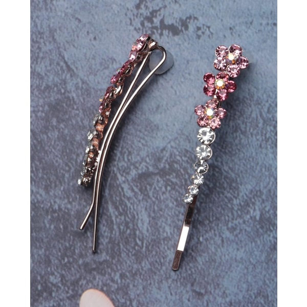 2 st Rhinestones Bobby Pin med liten blomma Kristall Metall Färgglada hårnålar för kvinnor tjejer fester (rosa)