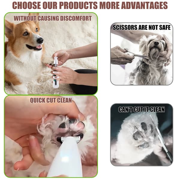 This silent pet hair trimmer features USB charging, an LED light, and multifunctional clippers suitable for paws, eyes, ears, and face.