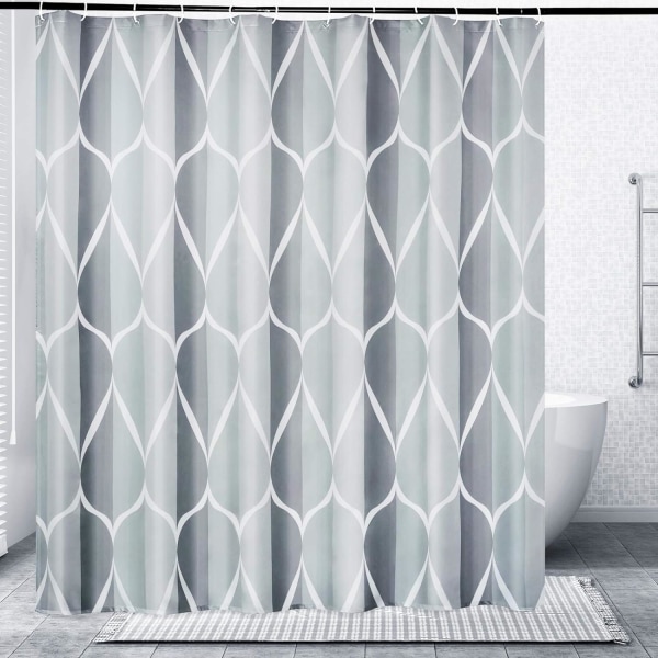 Grå bruseforhæng i stof, vandtæt design og polyester, hurtigtørrende, vægtet søm, holdbart og vaskbart med 12 kroge