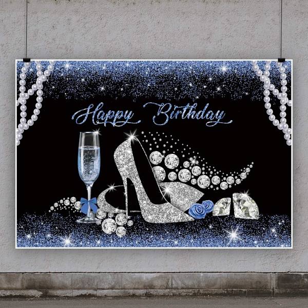 7x5ft Happy Birthday Bakgrunn Perle og Diomand Høy Hæl Sko Bursdag Baner Blå Glitters Fotografi Bakgrunn Dronningens Bursdagsfest
