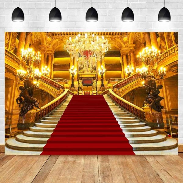 Röda mattan Palace Bakgrund för Royal Golden Castle Ursnyggt European Hall Party Bakgrund Scen Bakgrunder för Prom Bröllop Födelsedagsdekoration 7x5ft