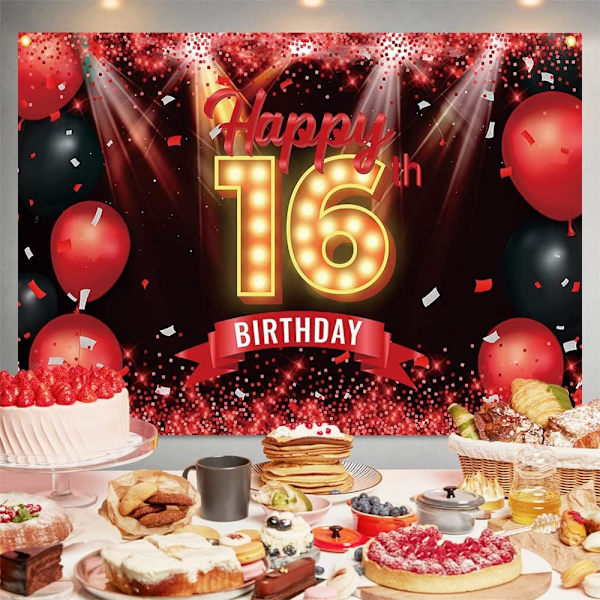 Onnellinen 16. syntymäpäiväkoristeet Musta ja Punainen 16. syntymäpäivätausta Sweet Sixteen Syntymäpäivätausta Juhlatarvikkeet Seinäkoristeisiin