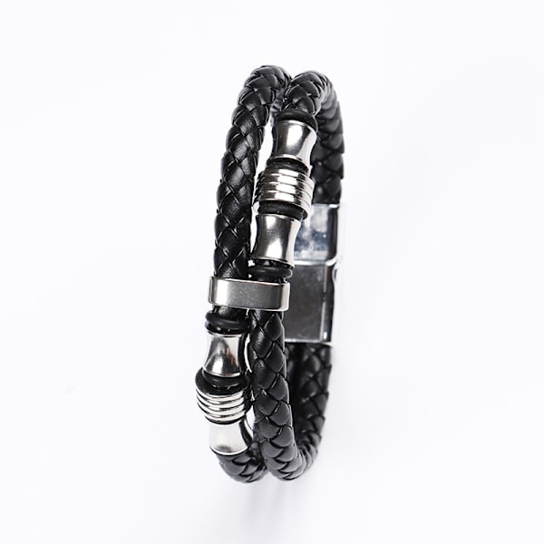 Herre Dobbelt-Række Flettet Læder Armbånd Bangle Armbånd med Rustfrit Stål Ornamenter（Sort-Hvid）