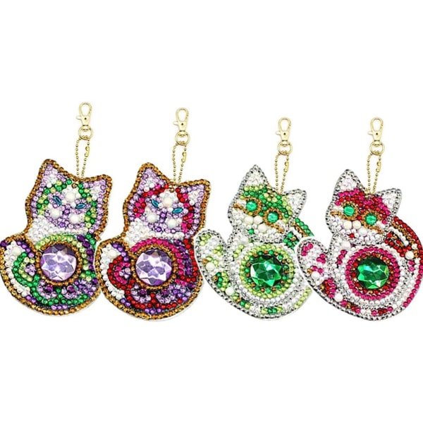 DIY 5D diamantkonstmålning nyckelring för barn och vuxna, 4 st katt handgjorda hel diamond painting dekorativa kit
