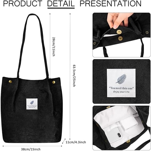 Kordväv Tote Bag för kvinnor Canvas Axelväska med Innerficka