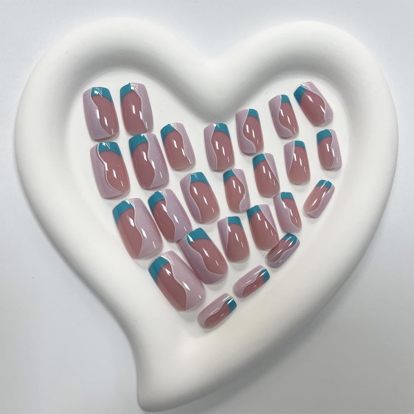 Fyrkantig press på naglar Korta falska naglar för kvinnor fransk spets med rosa blå linje böjd design, cover konstgjorda återanvändbara lim på naglar 24 st