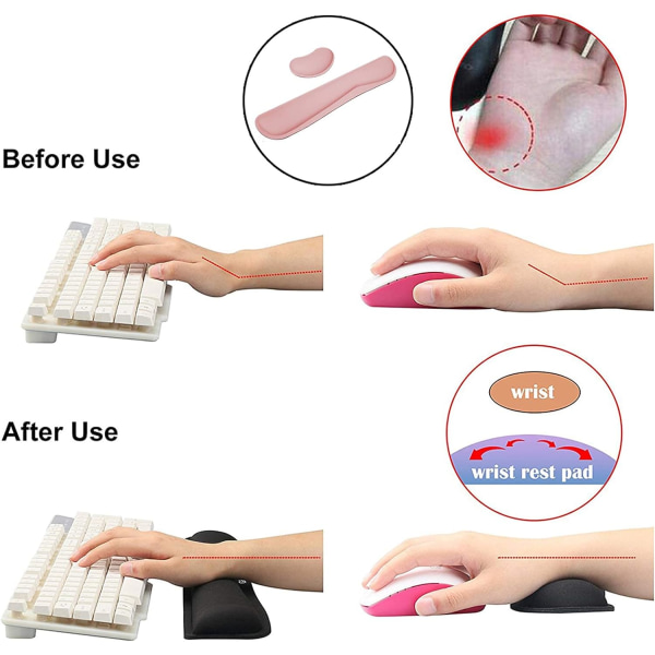Ergonomiskt rosa handledsstöd för tangentbord och mus - handledsstöd i minnesskum - halkfritt handledsstöd för tangentbord och mus (rosa)