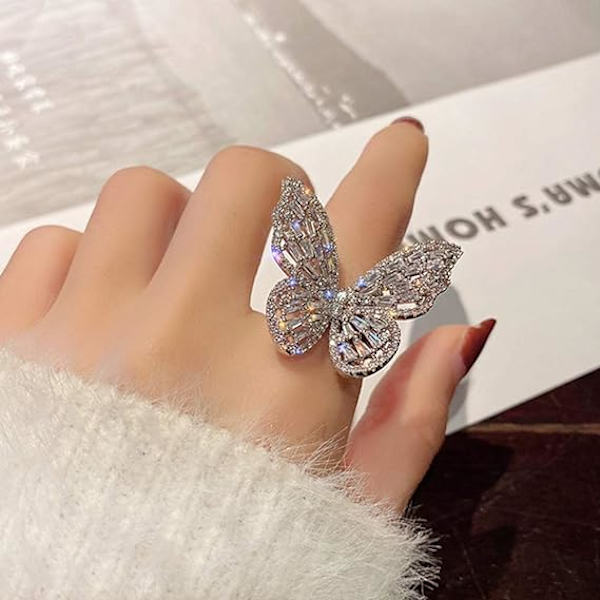 Kubisk Zirkonia Fjärilsring Glittrande Kristall Rosett Knuckle Ring Bröllops Smycken för Kvinnor och Flickor (Silver)